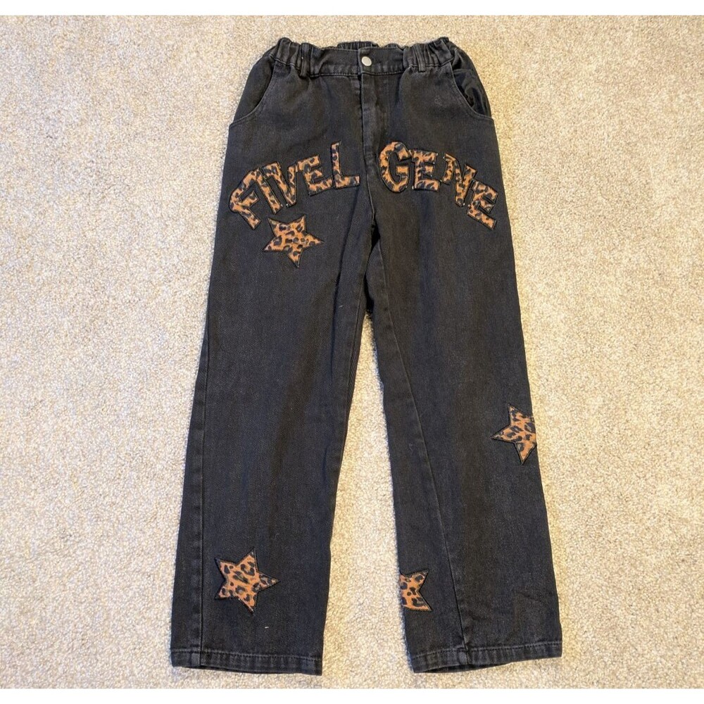 Severs Black Embroidered Denim Elastic Waist Joggers Pants w/ Animal Print